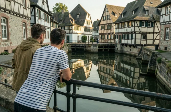 Deux amis voyageurs penchés sur l'écluse d'un canal alsacien avec reflet d'un village à colombages dans l'eau calme