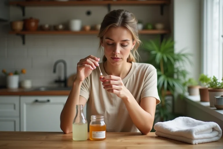 Femme appliquant du vinaigre de cidre sur son doigt