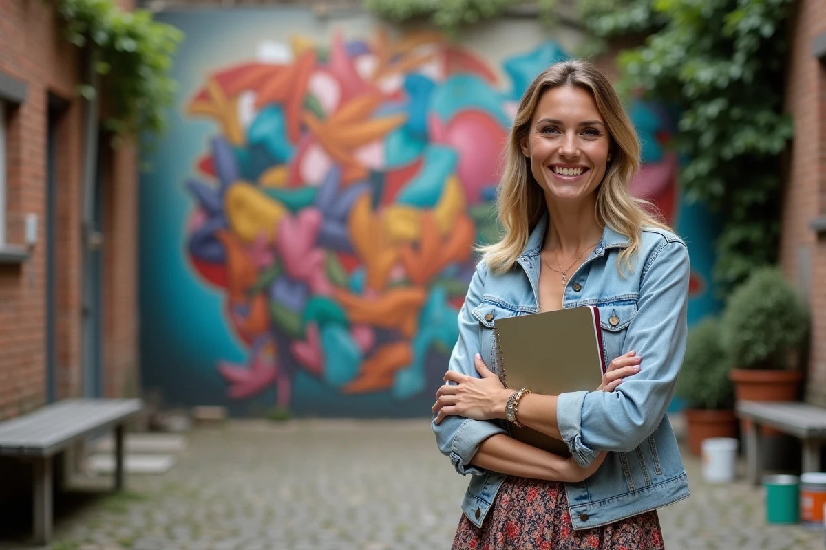 Virginie Bustin devant sa fresque murale urbaine