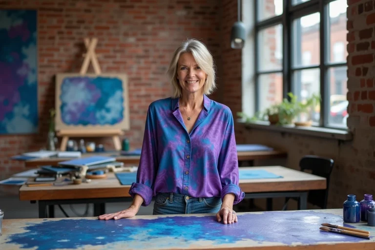 Artiste créatrice Caro Bleue Violette dans son atelier entourée de pièces textiles uniques aux couleurs vibrantes