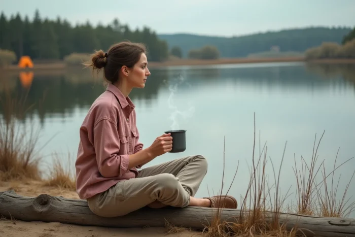 Femme au bord d'un lac sauvage à Biscarrosse tenant une tasse au lever du jour en camping