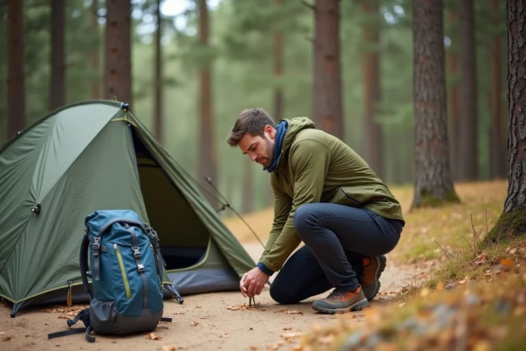 Campeur installant une tente de camping sauvage dans une forêt de pins maritimes près de Biscarrosse