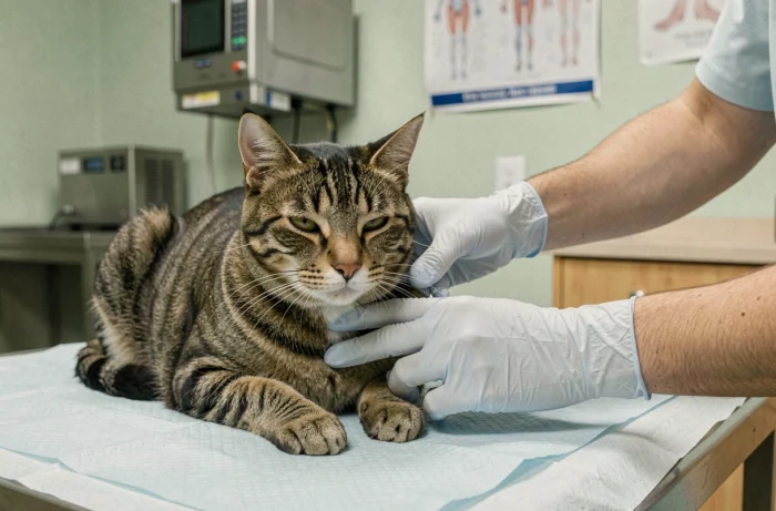 Chat tigré allongé sur une table d'examen vétérinaire pendant une consultation médicale pour effets secondaires du Zodon