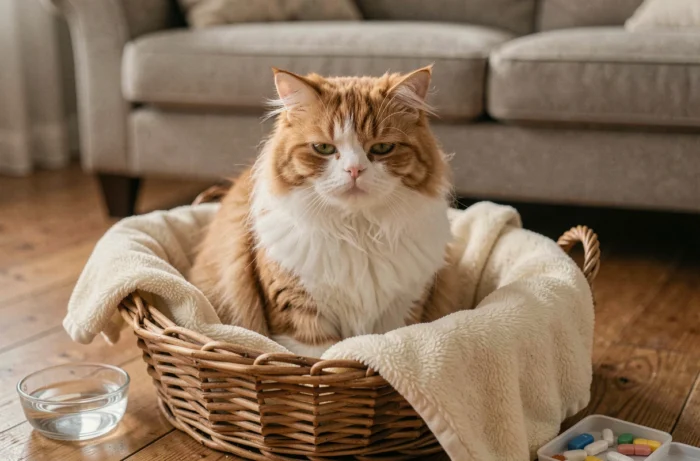 Chat persan orange fatigué dans son panier à domicile avec bol d'eau et médicaments illustrant les effets secondaires du Zodon