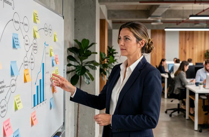 Cheffe d'entreprise devant un tableau stratégique dans un bureau moderne, illustrant le développement business et la croissance entrepreneuriale