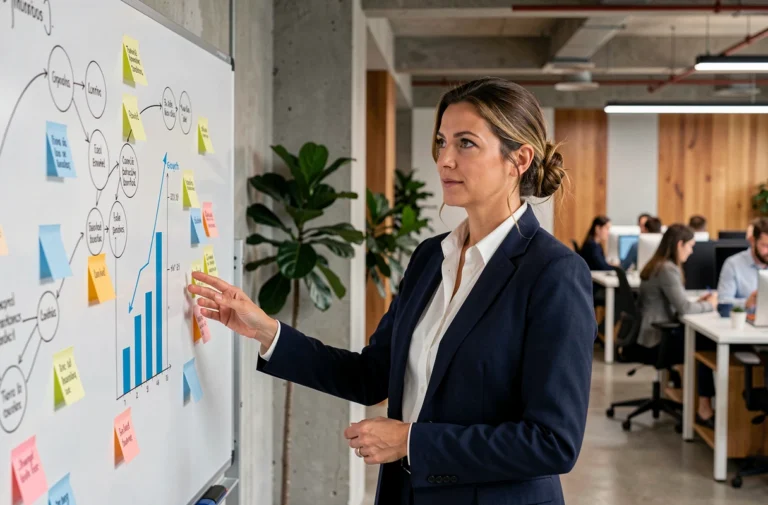 Cheffe d'entreprise devant un tableau stratégique dans un bureau moderne, illustrant le développement business et la croissance entrepreneuriale