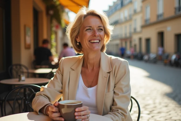 Femme élégante aux cheveux blonds courts riant dans un café parisien, évoquant la vie amoureuse et personnelle de Zazie