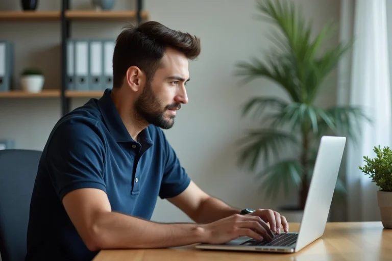 Un homme connecté sur la plateforme Footclub FFF depuis son bureau à domicile