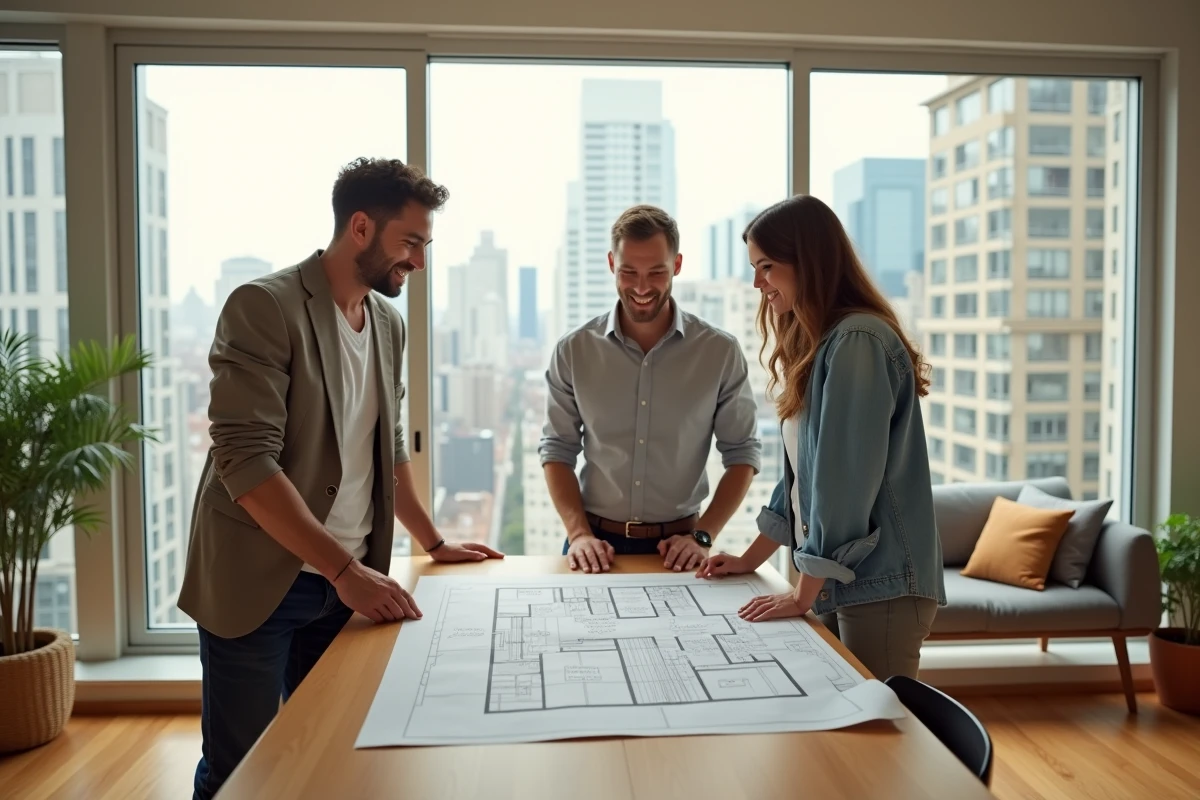 Jeune couple consulte plans dans un appartement lumineux