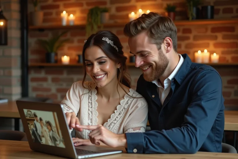 Couple de mariés en train de préparer et chronomètrer leur diaporama de mariage sur un ordinateur portable dans un intérieur rustique