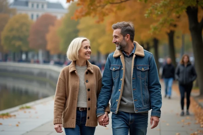 Couple complice se promenant au bord de l'eau en automne, illustrant la vie sentimentale et le compagnon actuel de Zazie