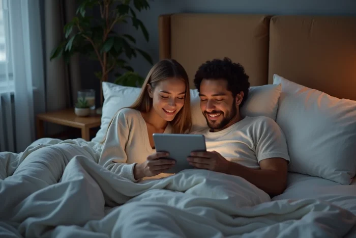 Couple allongé sur un lit regardant ensemble un catalogue de films sur une tablette numérique