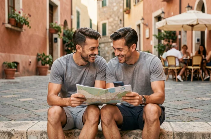 Couple consultant une carte papier et un smartphone dans une vieille ville européenne lors d'un voyage organisé