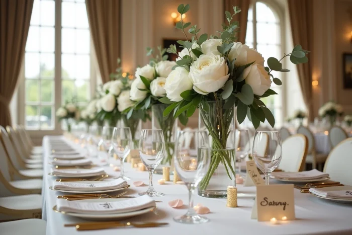 Décoration de table de mariage élégante avec fleurs blanches et vaisselle dorée dans une salle parisienne
