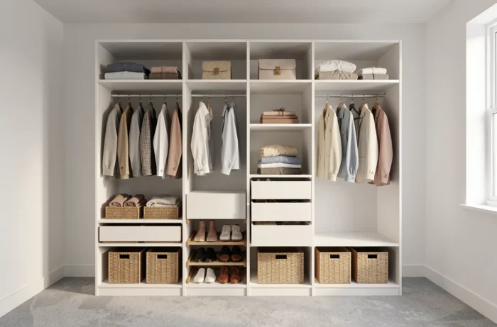 Dressing modulable blanc entièrement installé et organisé dans une chambre moderne avec étagères et tiroirs