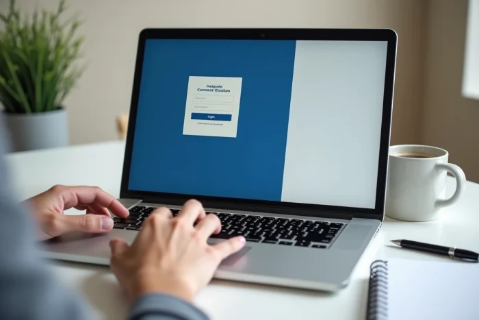 Écran de connexion à l'ENT Assas affiché sur un ordinateur portable avec un cahier et un café sur le bureau