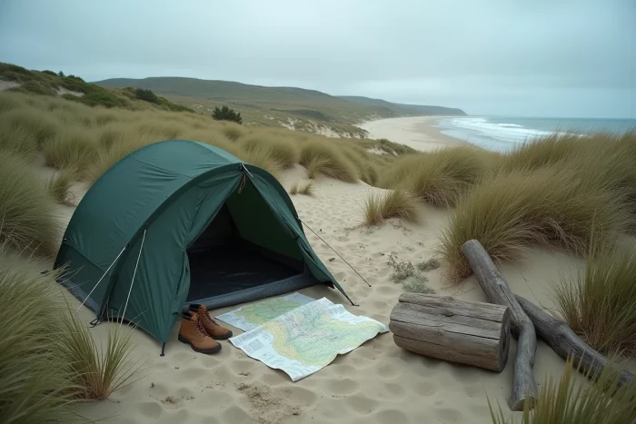 Emplacement de camping sauvage isolé entre les dunes côtières et l'océan Atlantique à Biscarrosse