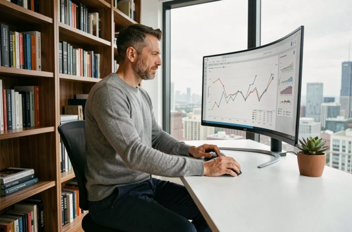 Entrepreneur masculin analysant des données de performance sur un écran dans un bureau à domicile organisé, symbolisant la gestion et le succès du business