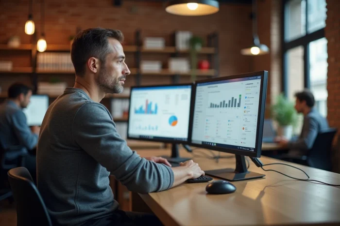 Entrepreneur analysant des tableaux de bord de performance dans un espace de coworking moderne
