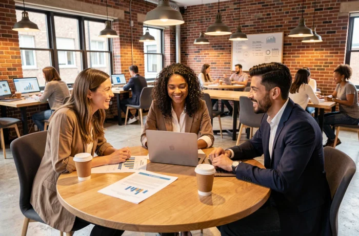 Équipe de jeunes entrepreneurs collaborant autour d'un projet business dans un espace de coworking moderne, représentant la dynamique de croissance entrepreneuriale collective