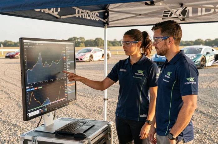 Équipe d'ingénieurs en sports mécaniques écologiques analysant des données télémétriques dans le paddock