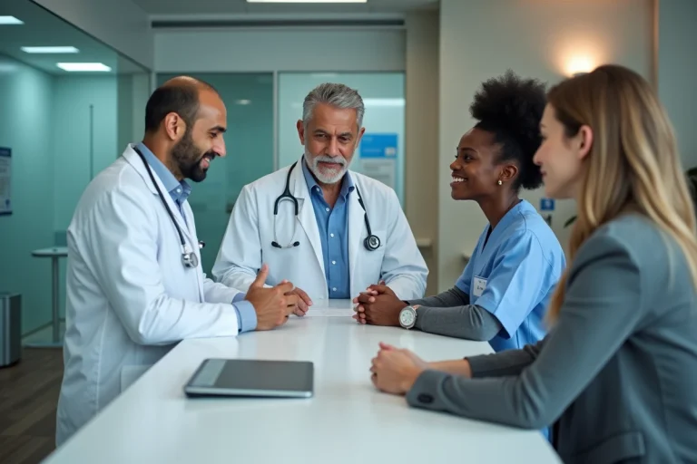 Groupe de médecins divers en discussion dans un hôpital