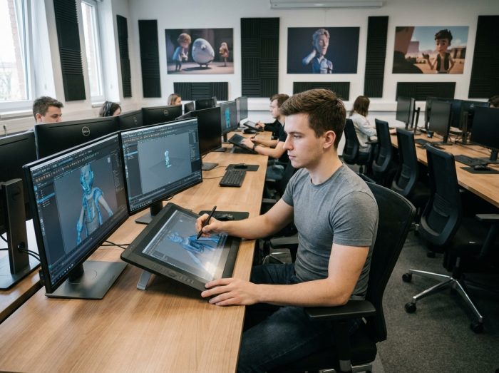 Étudiant en animation 3D travaillant sur un logiciel de modélisation dans une salle informatique d'école d'art numérique