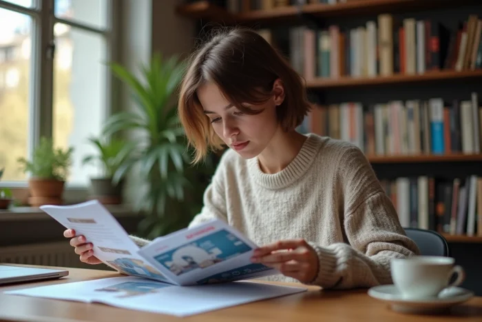 Etudiant étudiant comparant brochures bancaires françaises