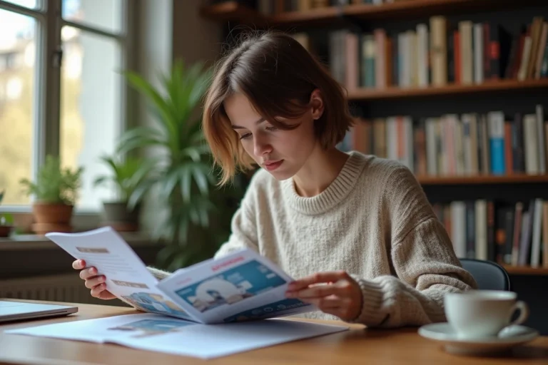 Etudiant étudiant comparant brochures bancaires françaises