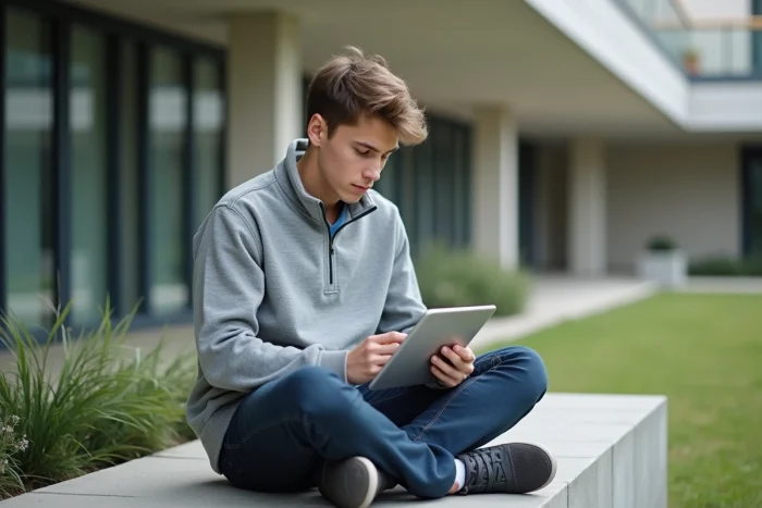 Étudiant consultant l'ENT Assas sur une tablette en extérieur sur le campus