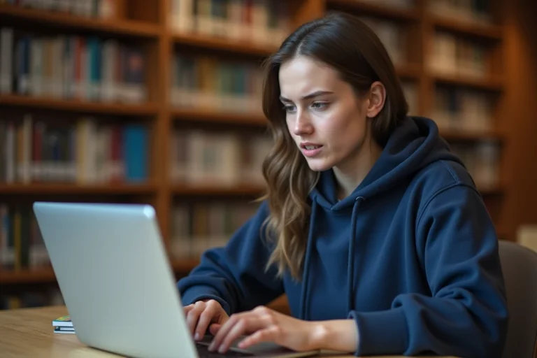Étudiante connectée à l'ENT Assas sur un ordinateur portable dans une bibliothèque universitaire