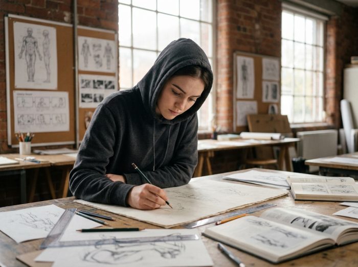Étudiante en prépa entertainment dessinant des personnages dans un atelier d'école d'art