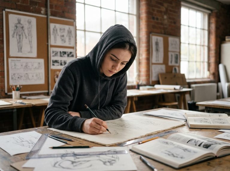 Étudiante en prépa entertainment dessinant des personnages dans un atelier d'école d'art