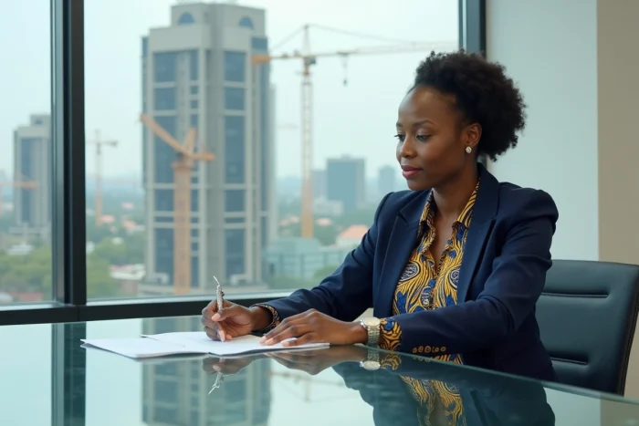 Femme d'affaires africaine en blazer navy examinant des documents dans un bureau moderne avec vue sur une skyline urbaine en plein développement en Afrique francophone