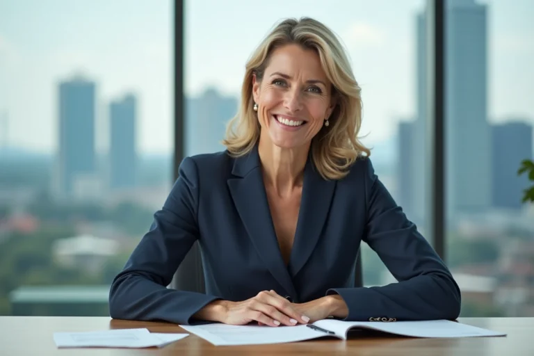 Femme d'affaires confiante en tailleur navy dans un bureau lumineux