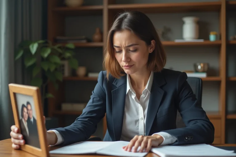 Femme d'affaires contemplant une photo de famille dans son bureau