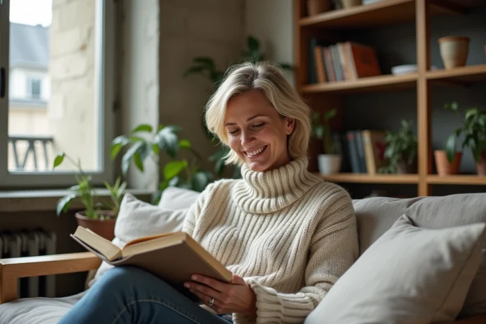 Femme détendue lisant dans un appartement parisien moderne, reflet d'une vie personnelle épanouie en lien avec l'univers de Zazie