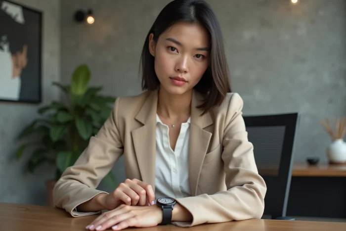 Jeune femme ajustant une montre minimaliste dans un bureau moderne
