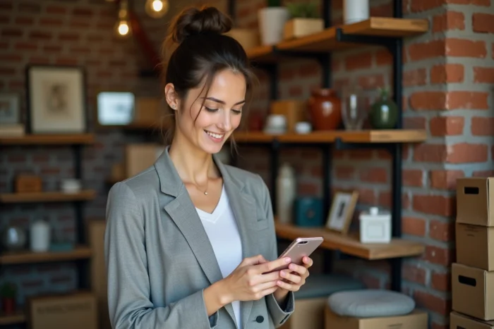 Une femme revendeuse dans sa boutique évaluant sur son smartphone le coût d'une mise en avant payante sur Leboncoin pour maximiser ses ventes