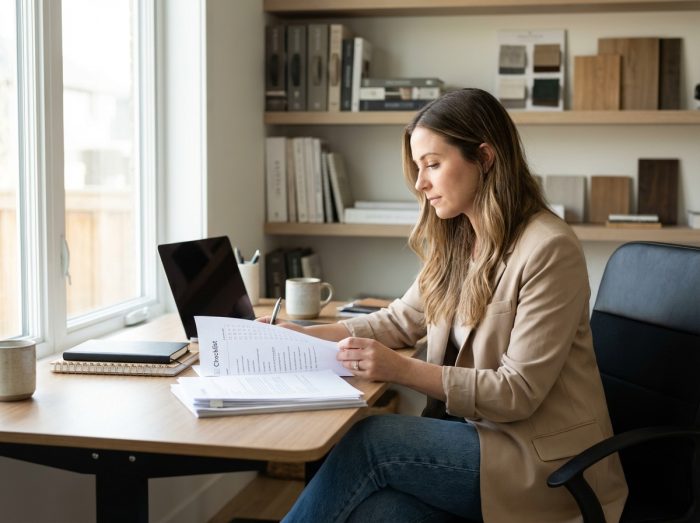 Femme en bureau moderne lisant des documents de cours
