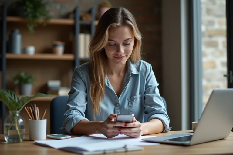 Femme assise à son bureau regardant son smartphone