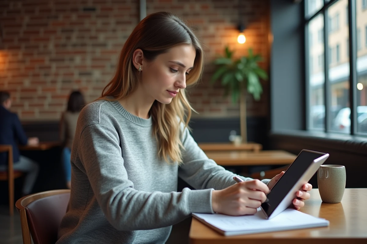 Jeune femme configurant sa messagerie sur une tablette au café