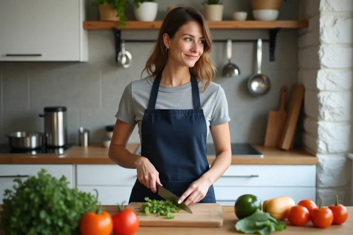 Femme en cuisine coupant des légumes frais dans une cuisine moderne