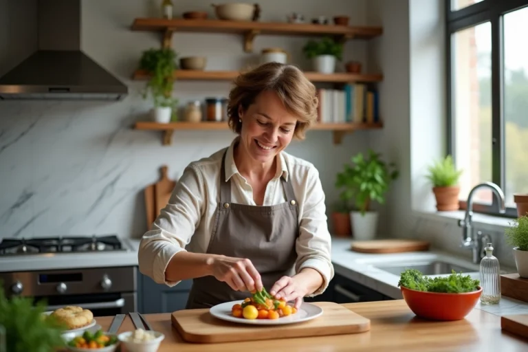 Femme souriante garnissant un plat fait maison dans la cuisine
