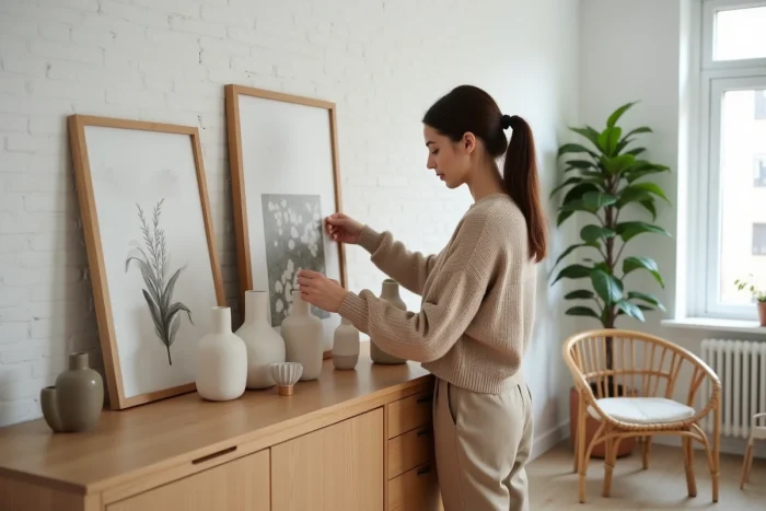 Jeune femme arrangeant des vases dans un intérieur chic