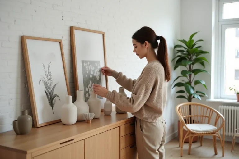 Jeune femme arrangeant des vases dans un intérieur chic