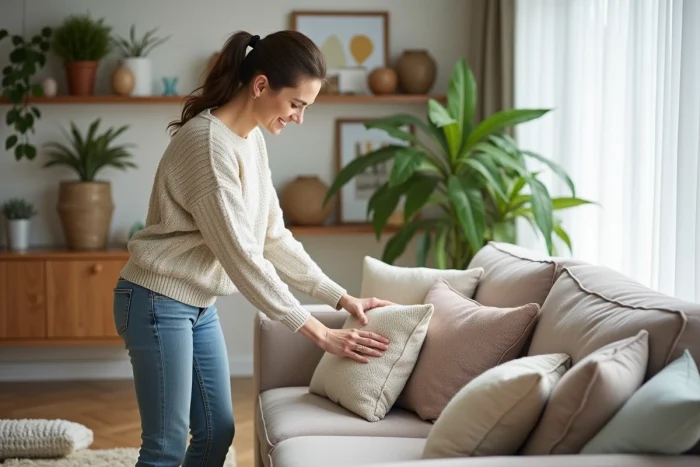 Femme souriante arrangeant des coussins dans un salon cosy