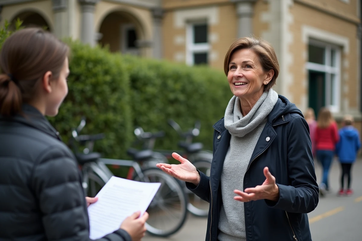 Femme souriante parlant avec un parent devant une école
