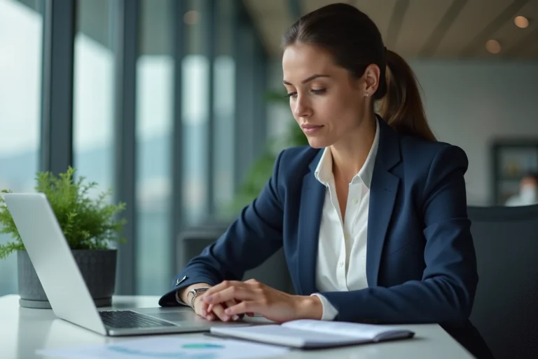 Femme d'affaires concentrée devant un ordinateur en bureau moderne