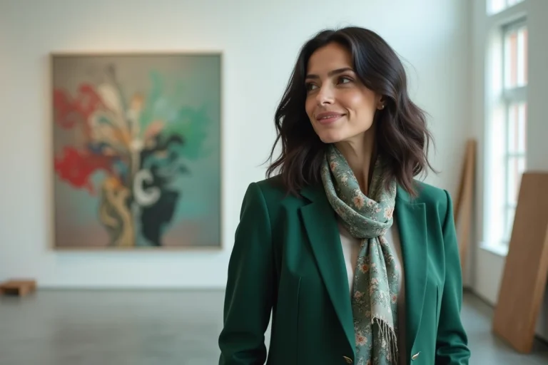 Femme en blazer vert dans une galerie d'art moderne